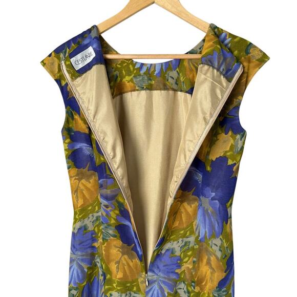 Vintage 80s Purple Orange Floral Cocktail Dress Ruffle‎ Hem Cap Sleeves, Small - Picture 8 of 10